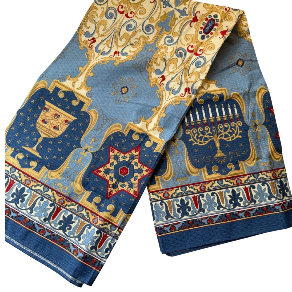 Vintage Wilton Court Hanukkah Tablecloth 52x52 Menorah Star of David Blue Gold
